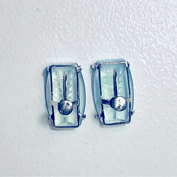 Vtg Earrings Sterling Blue Opalescent PAGODA Reverse Carved Japan Screw-Back - Picture 3 of 5